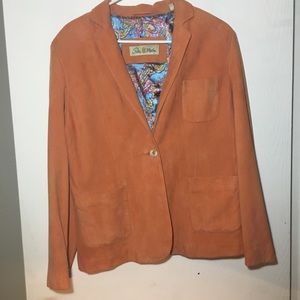 Peter Millar Button Front Leather Suede Jacket Paisley Lining Size L Orange